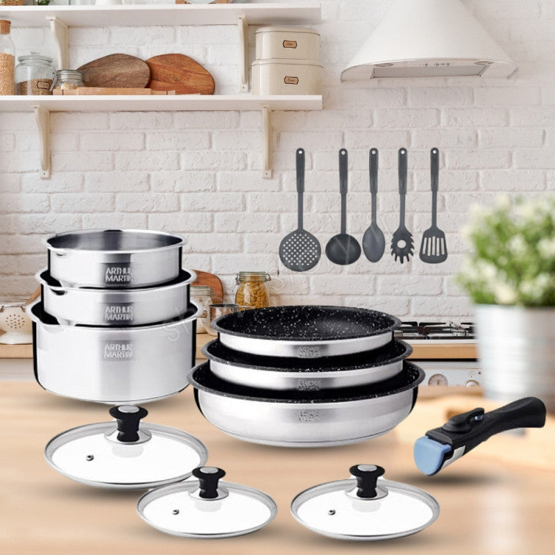 Batterie de cuisine inox avec manche amovible 15 pièces Arthur Martin - Tous feux dont induction