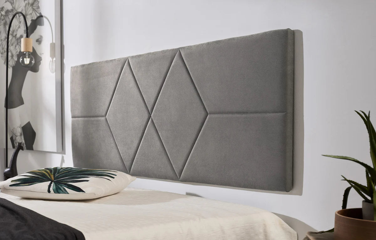 Tête de lit suspendue rembourrée en tissu - Grise - Motif 2 losanges