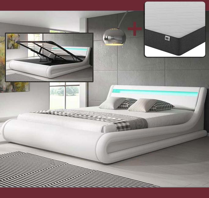 Lit double avec coffre blanc & LED multicolores - 180 X 200 cm -  Patricia avec matelas Texas