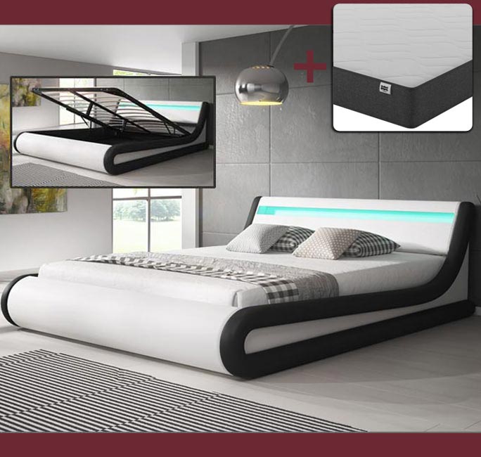Lit double avec coffre blanc & noir - LED multicolores - 160 X 200 cm -  Patricia avec matelas Texas