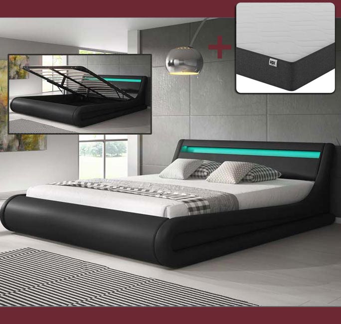 Lit double avec coffre noir & LED multicolores - 180 X 200 cm -  Patricia avec matelas Texas
