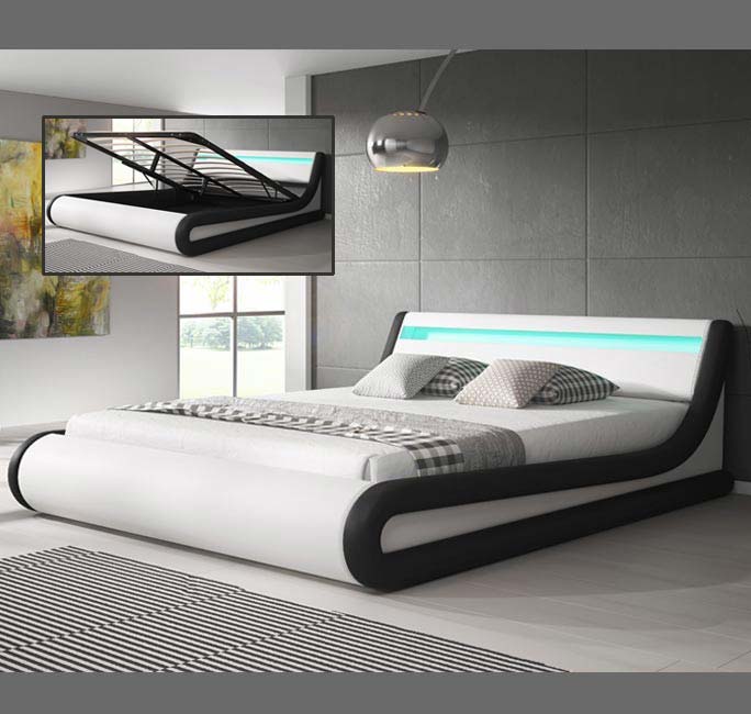 Lit double avec coffre blanc & noir - LED multicolores - 180 X 200 cm -  Patricia avec matelas Texas