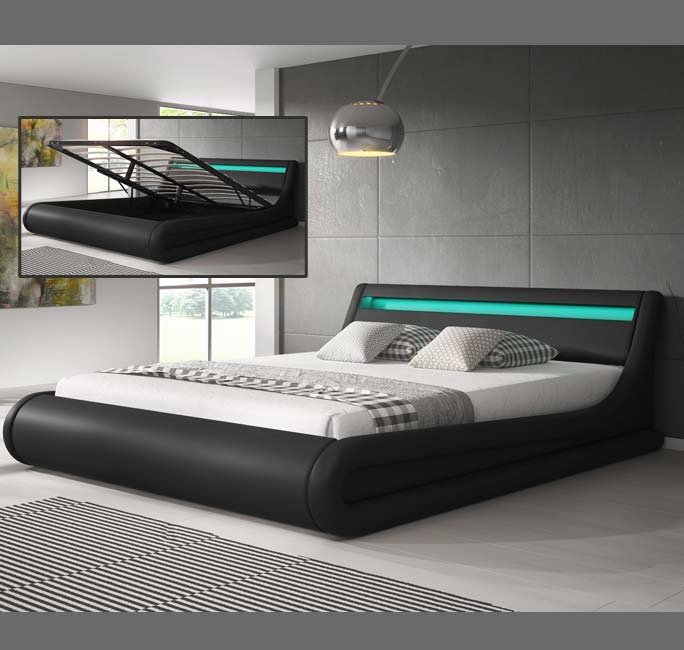 Lit double avec coffre blanc & noir - LED multicolores - 160 X 200 cm -  Patricia