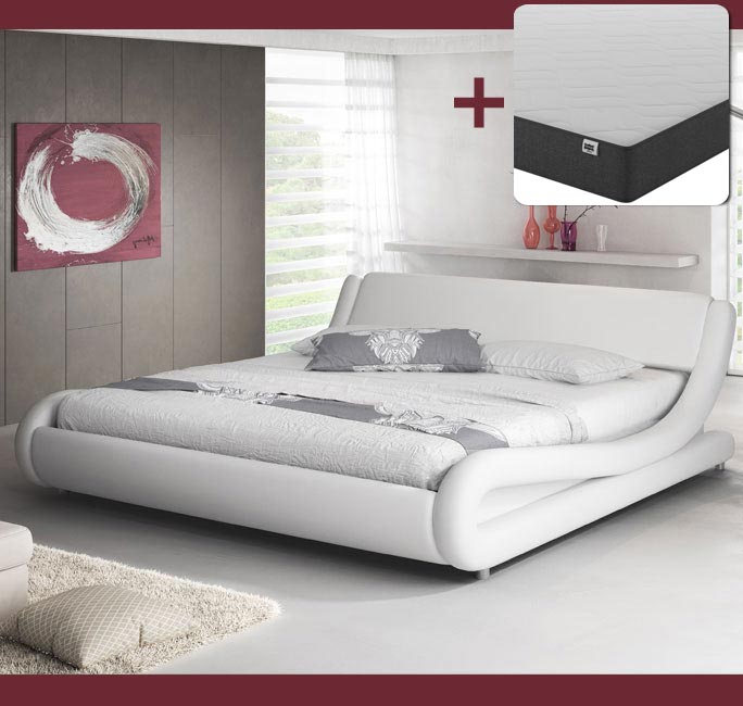Lit double design blanc - 160 X 200 cm -  Piccione avec matelas Texas