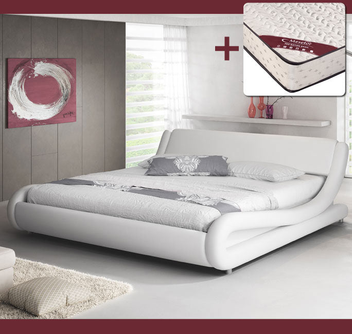Lit double design blanc - 180 X 200 cm -  Piccione avec matelas Texas