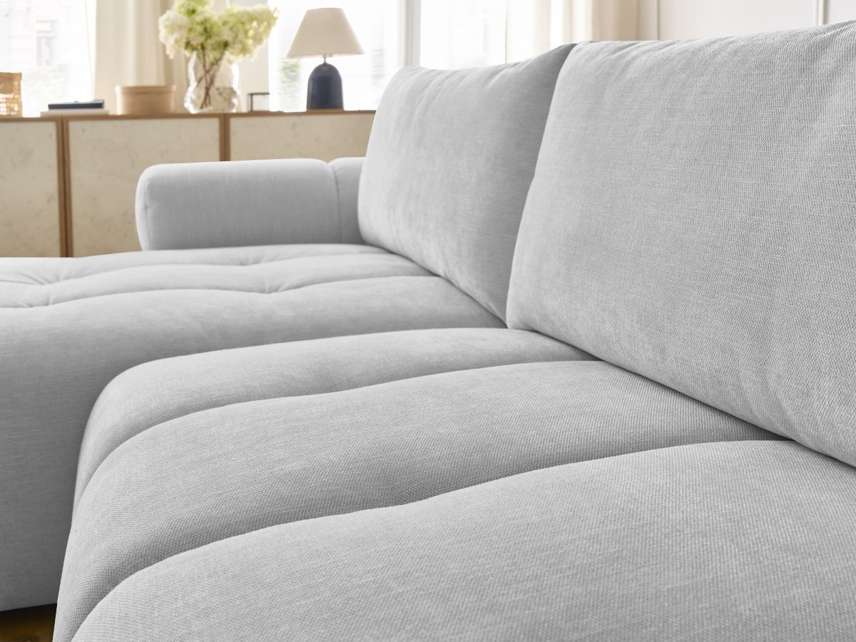 Canapé d'angle convertible FUJI tissu lisse avec pouf - Angle gauche
