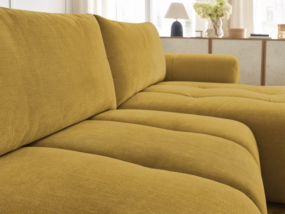 Canapé d'angle convertible FUJI tissu lisse avec pouf - Angle droit