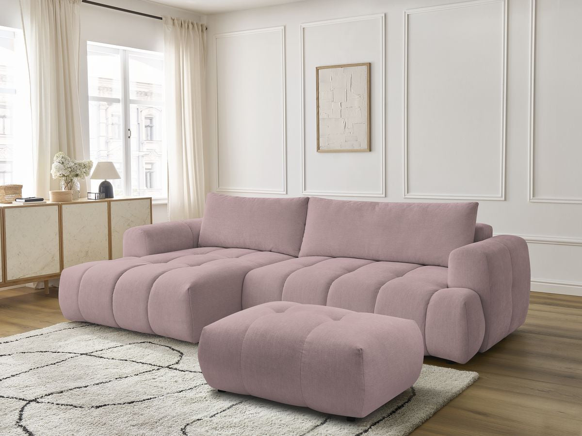 Canapé d'angle convertible FUJI tissu lisse avec pouf - Angle gauche