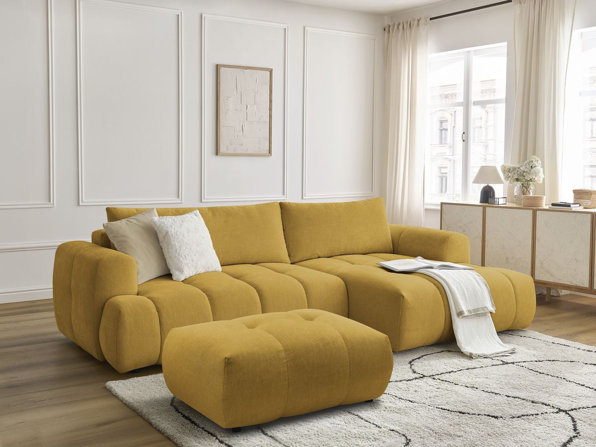 Canapé d'angle convertible FUJI tissu lisse avec pouf - Angle droit