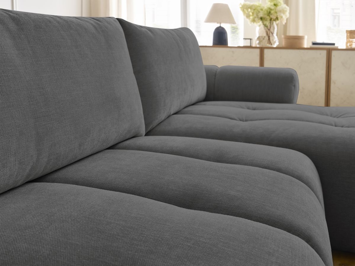 Canapé d'angle convertible FUJI tissu lisse avec pouf - Angle droit