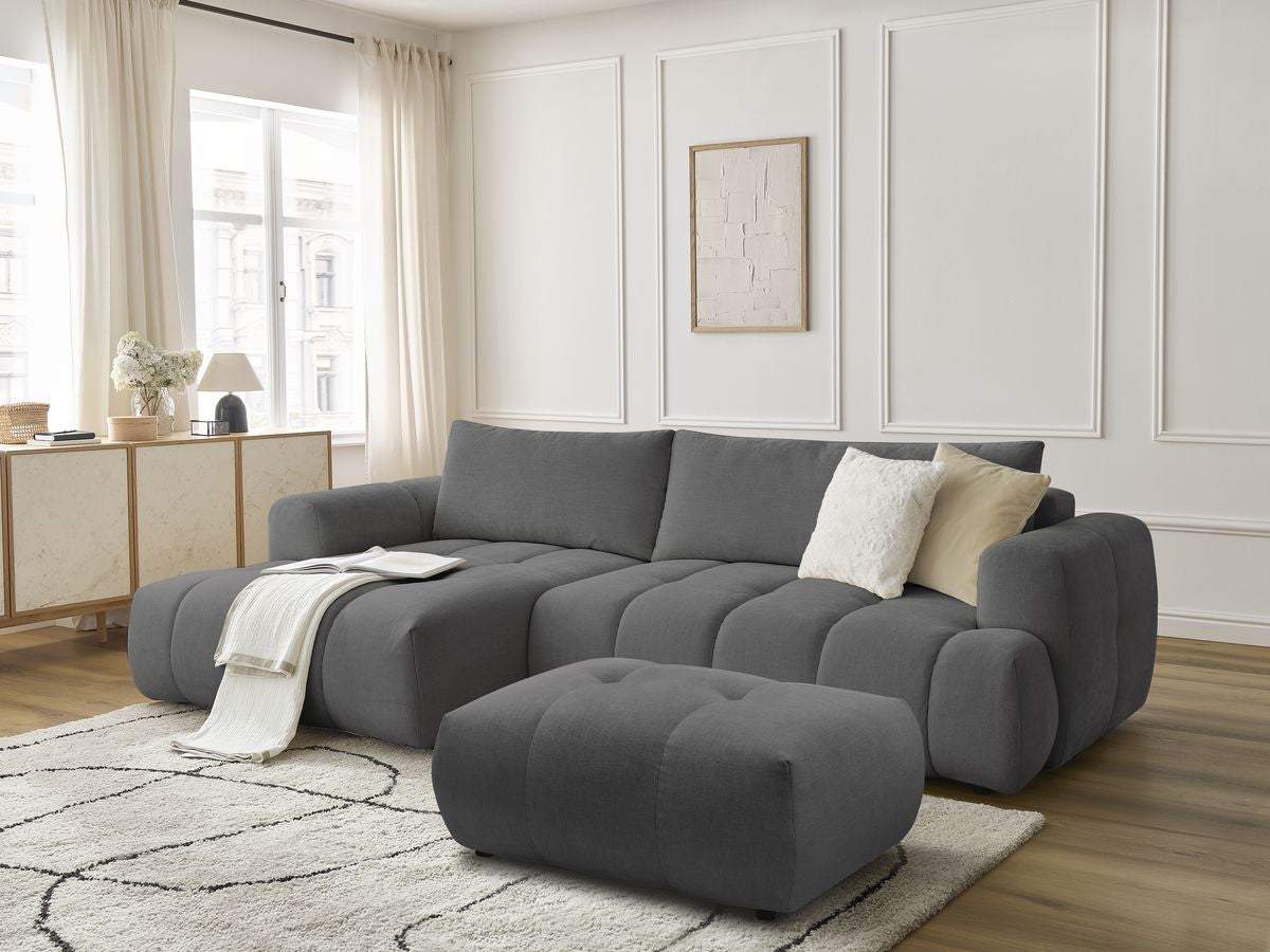 Canapé d'angle convertible FUJI tissu lisse avec pouf - Angle gauche