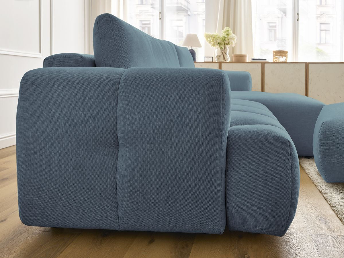 Canapé d'angle convertible FUJI tissu lisse avec pouf - Angle droit
