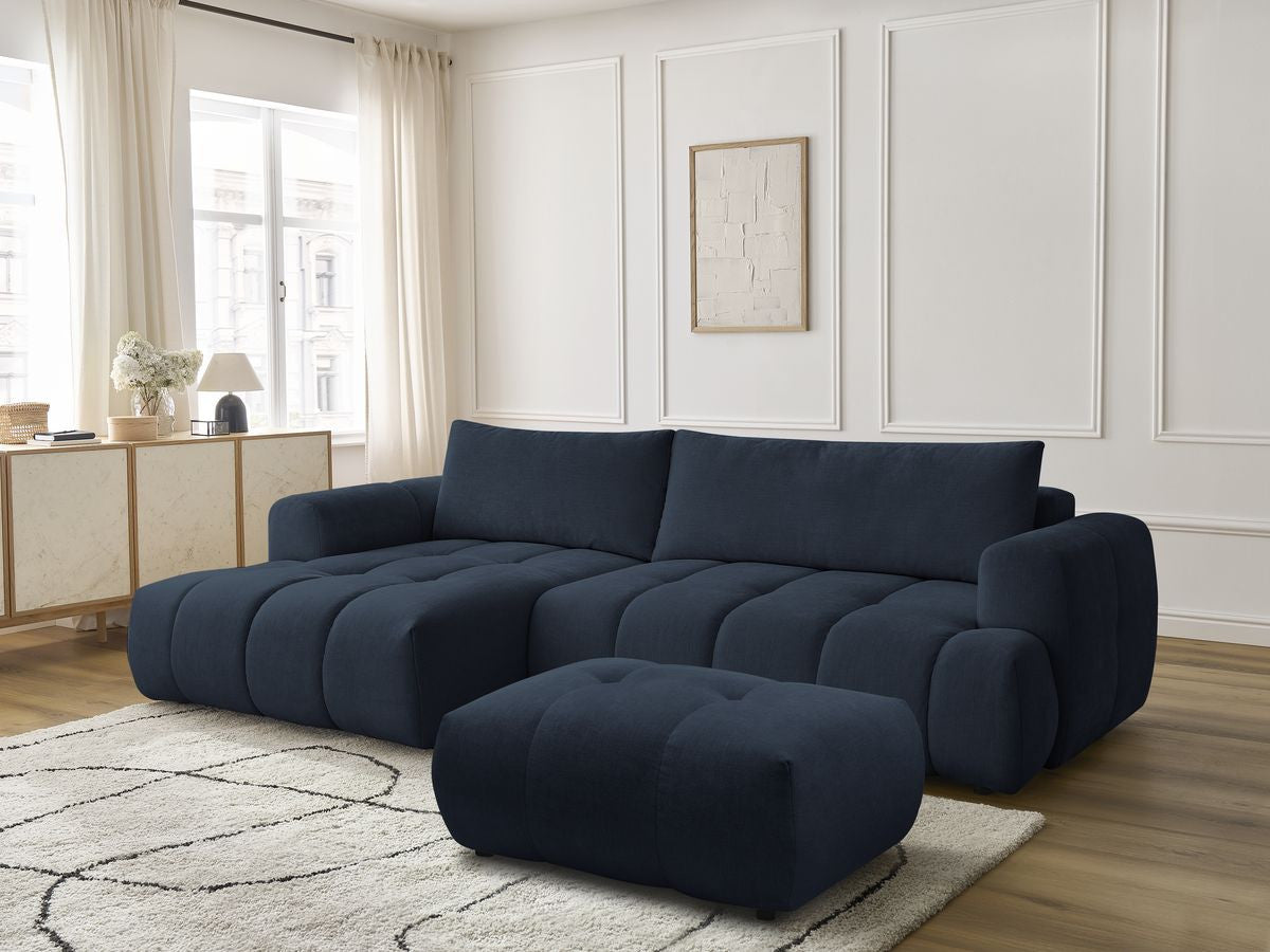 Canapé d'angle convertible FUJI tissu lisse avec pouf - Angle gauche