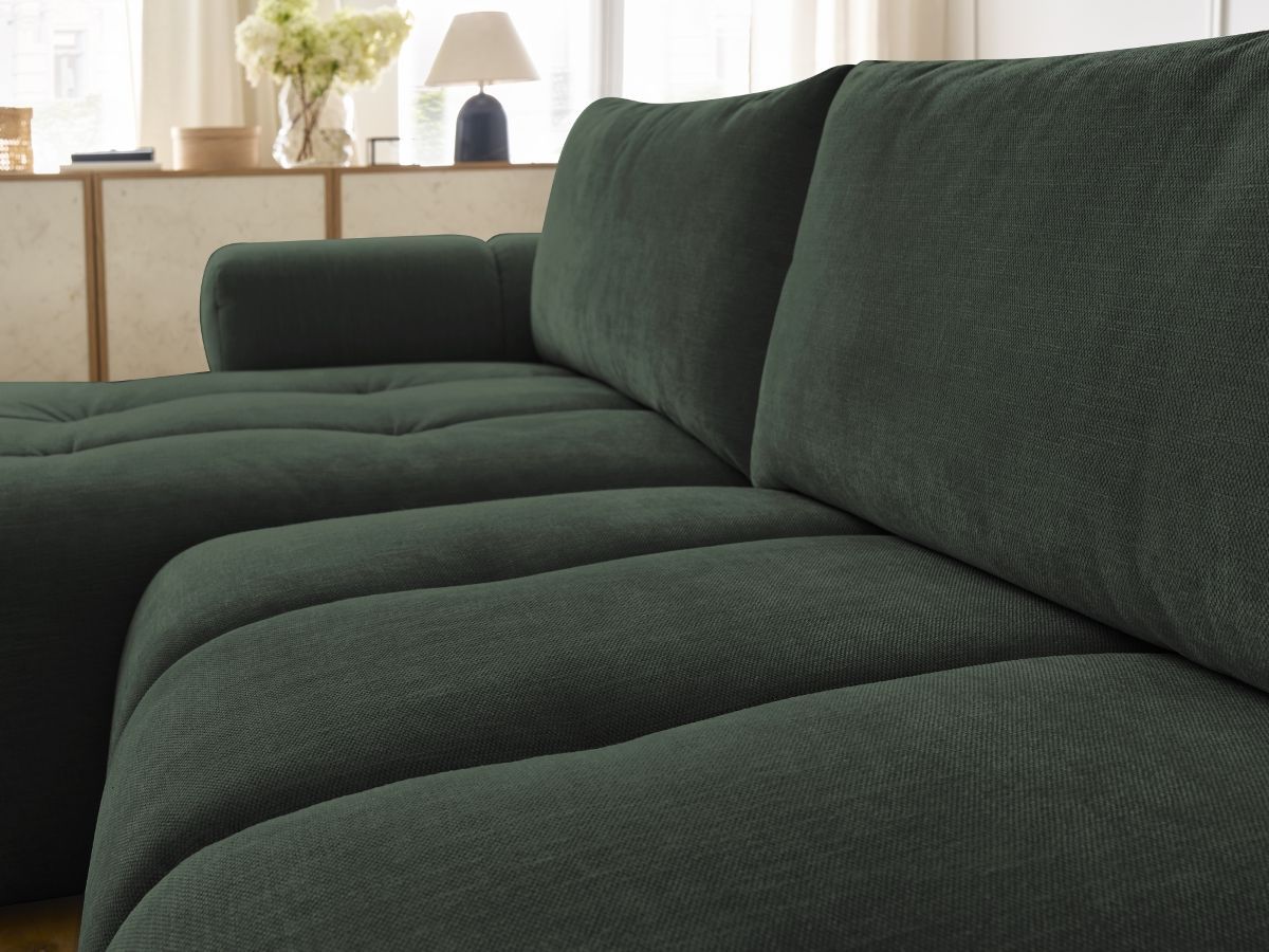 Canapé d'angle convertible FUJI tissu lisse avec pouf - Angle gauche