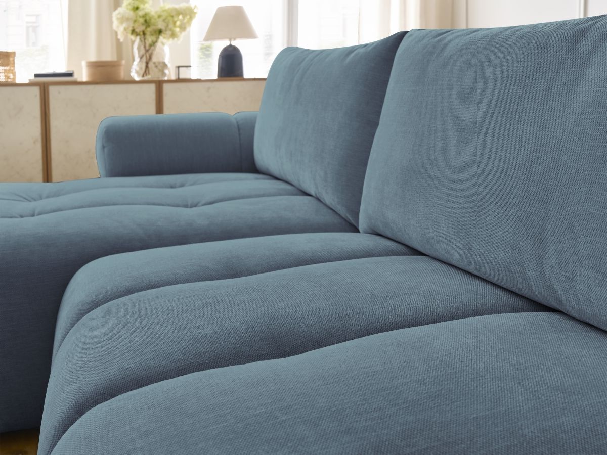 Canapé d'angle convertible FUJI tissu lisse avec pouf - Angle gauche