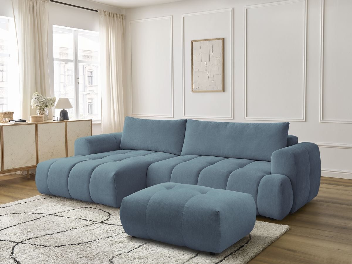 Canapé d'angle convertible FUJI tissu lisse avec pouf - Angle gauche