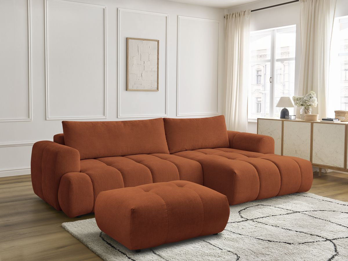 Canapé d'angle convertible FUJI tissu lisse avec pouf - Angle droit