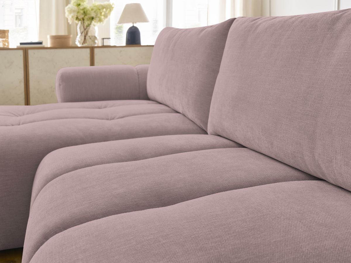 Canapé d'angle convertible FUJI tissu lisse avec pouf - Angle gauche