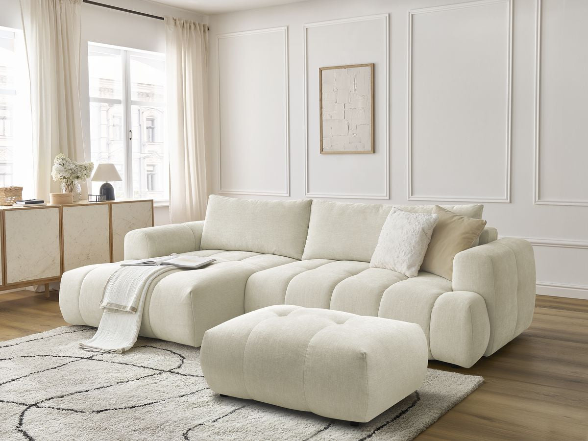 Canapé d'angle convertible FUJI tissu lisse avec pouf - Angle gauche