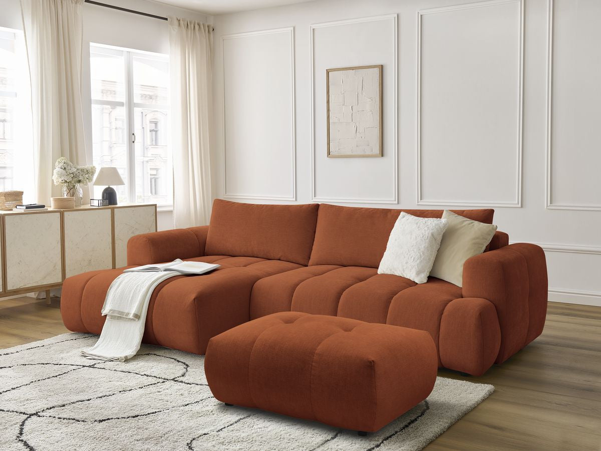 Canapé d'angle convertible FUJI tissu lisse avec pouf - Angle gauche