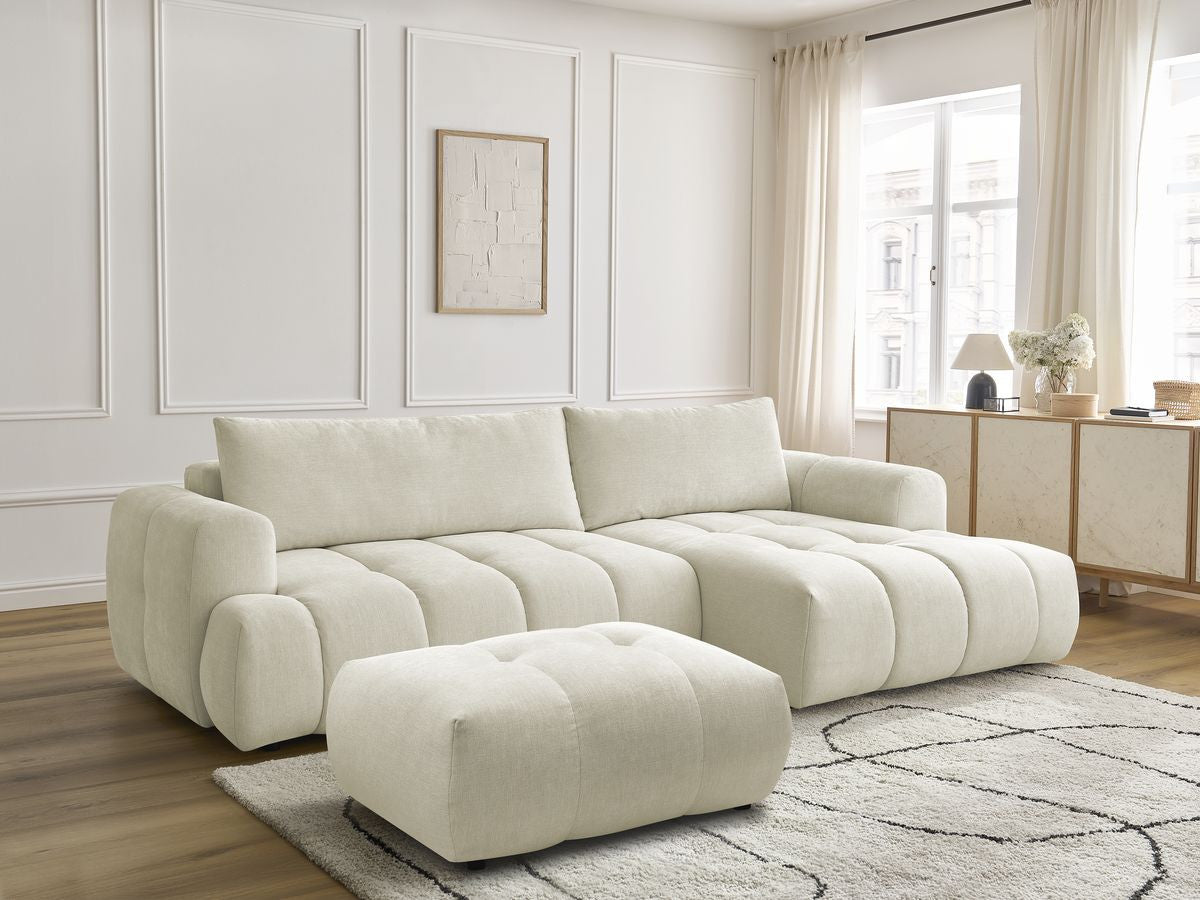 Canapé d'angle convertible FUJI tissu lisse avec pouf - Angle droit