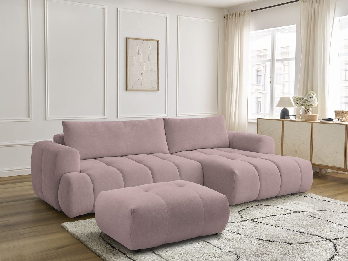 Canapé d'angle convertible FUJI tissu lisse avec pouf - Angle droit