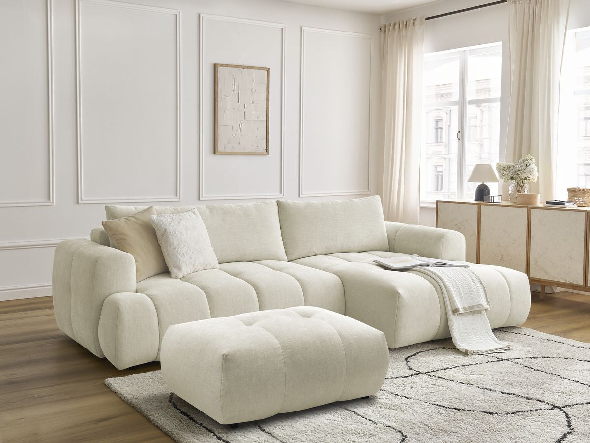 Canapé d'angle convertible FUJI tissu lisse avec pouf - Angle droit