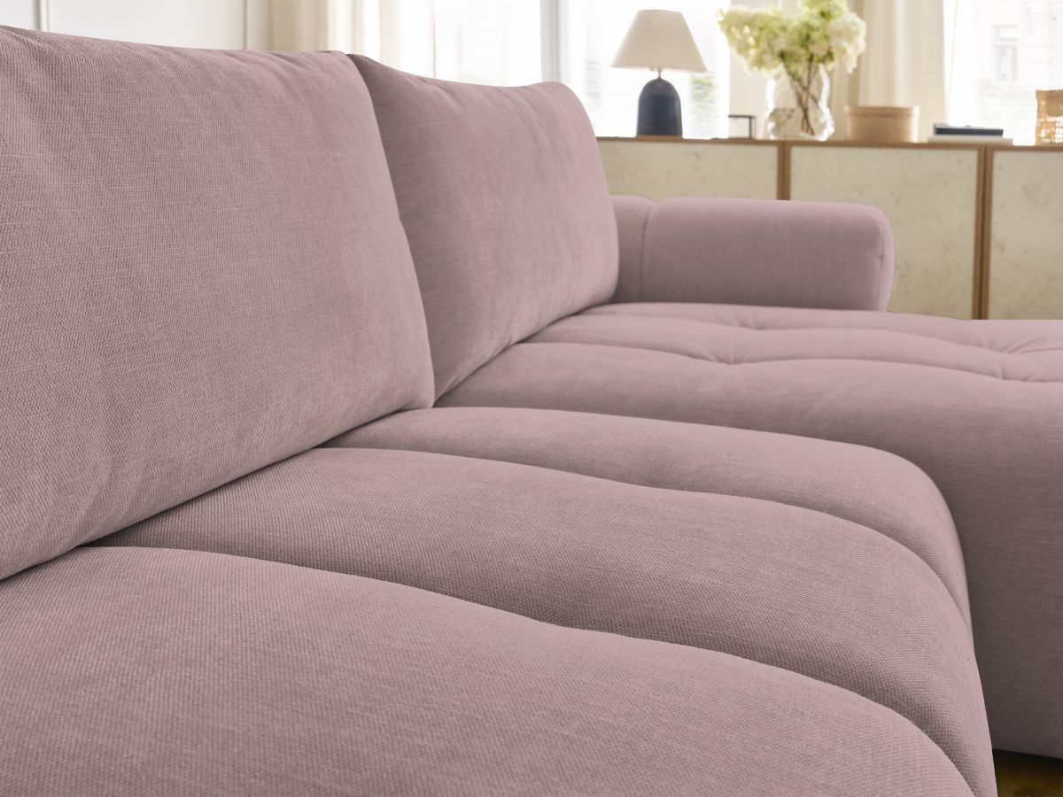Canapé d'angle convertible FUJI tissu lisse avec pouf - Angle droit