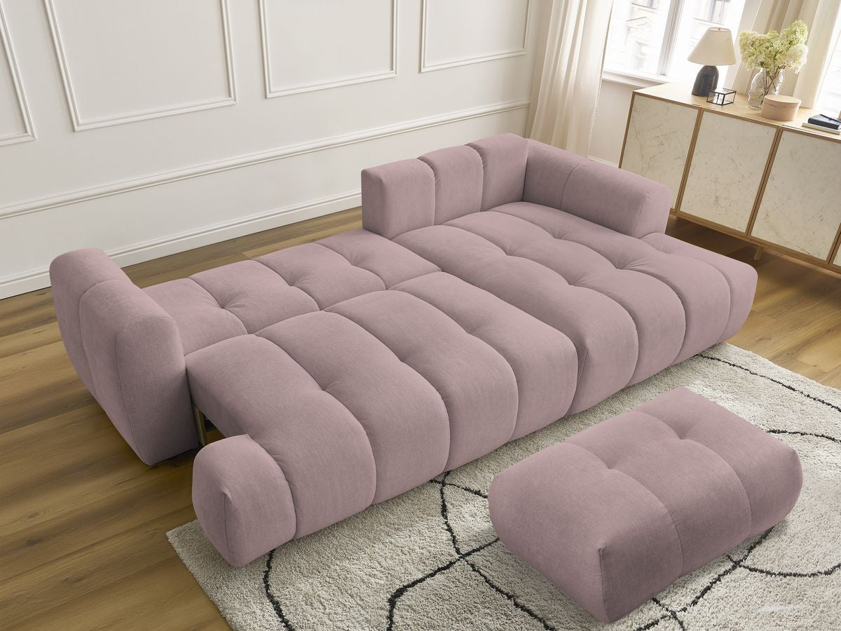 Canapé d'angle convertible FUJI tissu lisse avec pouf - Angle droit