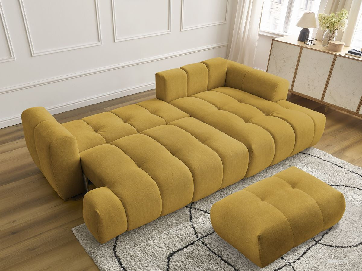Canapé d'angle convertible FUJI tissu lisse avec pouf - Angle droit