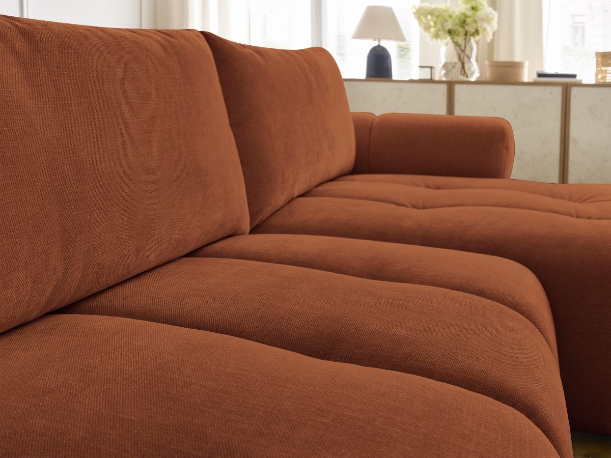 Canapé d'angle convertible FUJI tissu lisse avec pouf - Angle droit