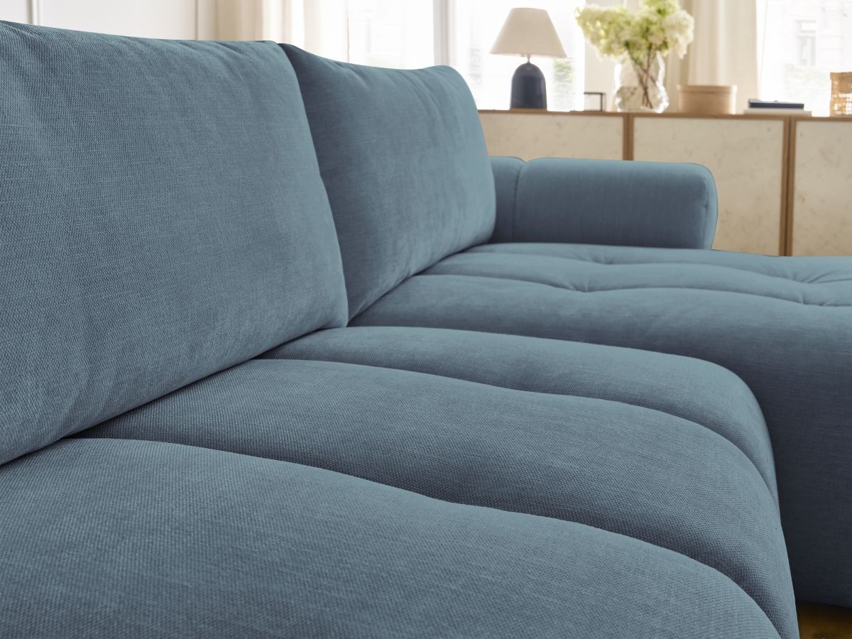 Canapé d'angle convertible FUJI tissu lisse avec pouf - Angle droit