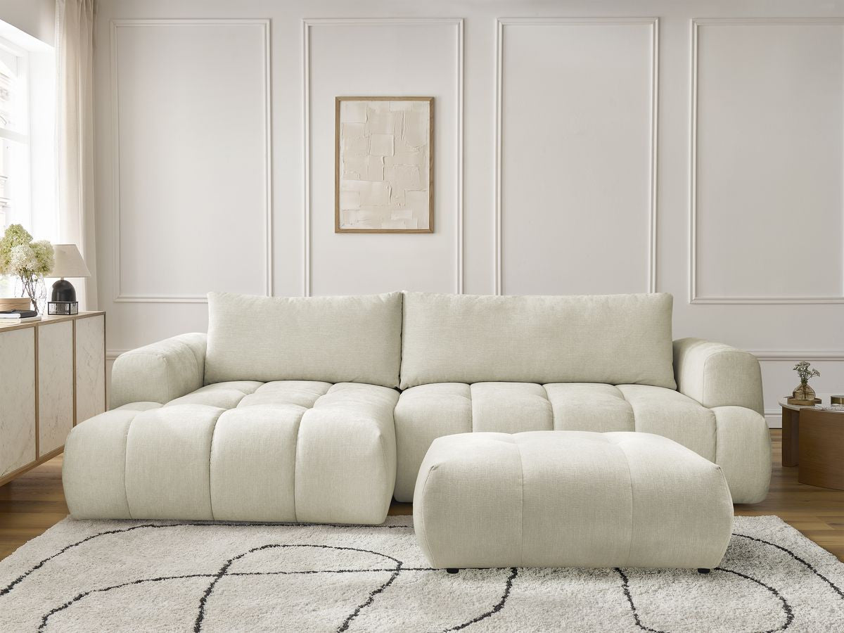 Canapé d'angle convertible FUJI tissu lisse avec pouf - Angle gauche