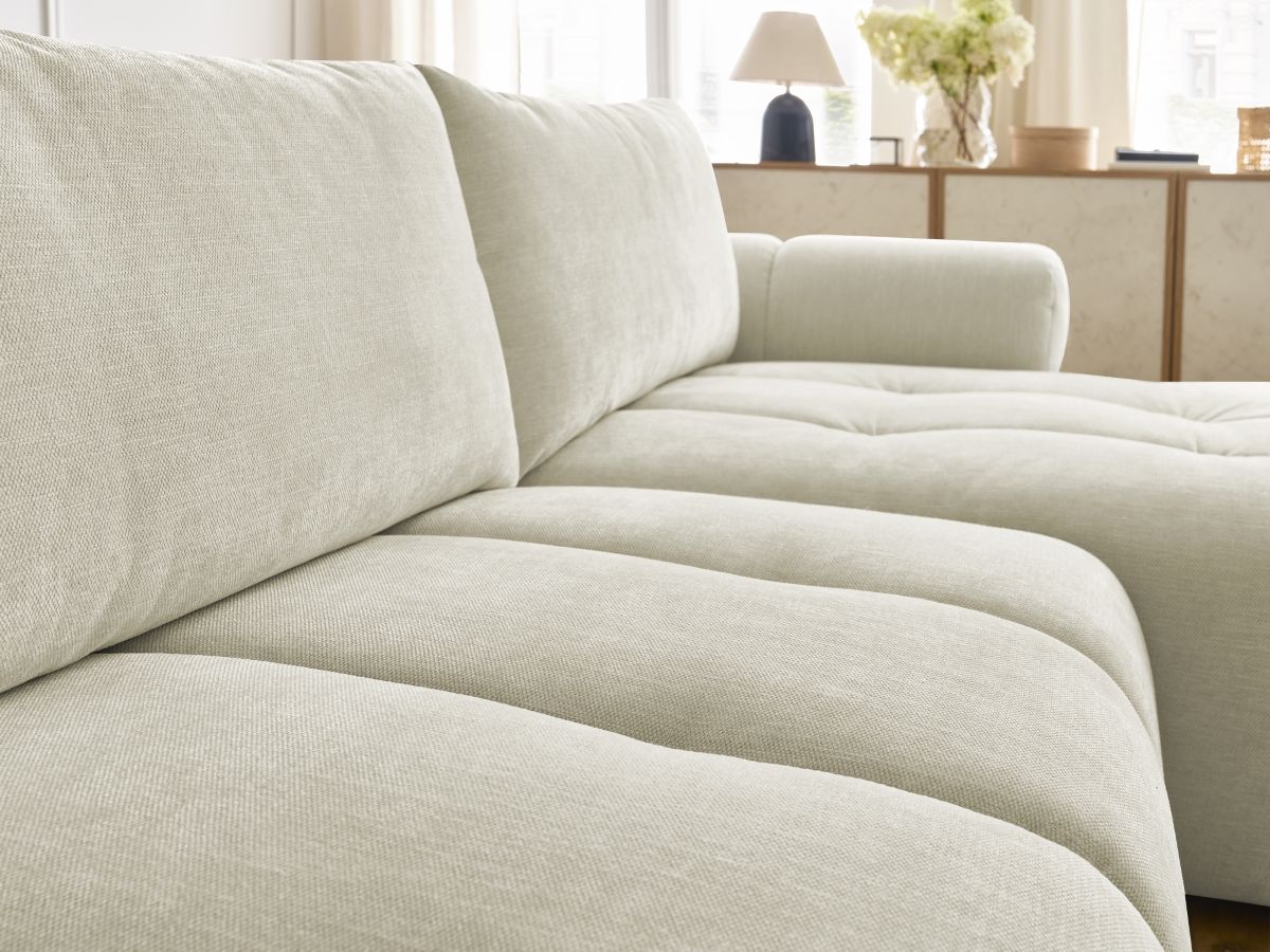Canapé d'angle convertible FUJI tissu lisse avec pouf - Angle droit