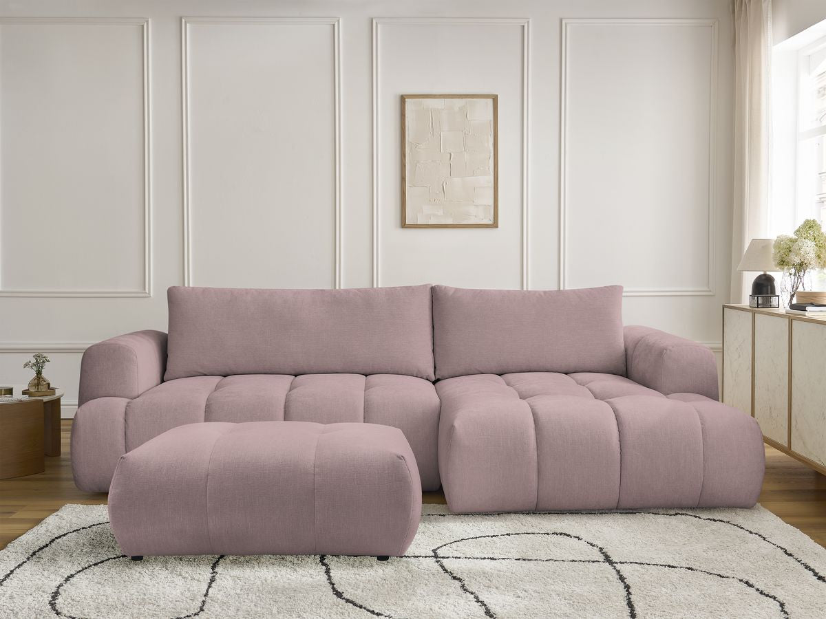 Canapé d'angle convertible FUJI tissu lisse avec pouf - Angle droit