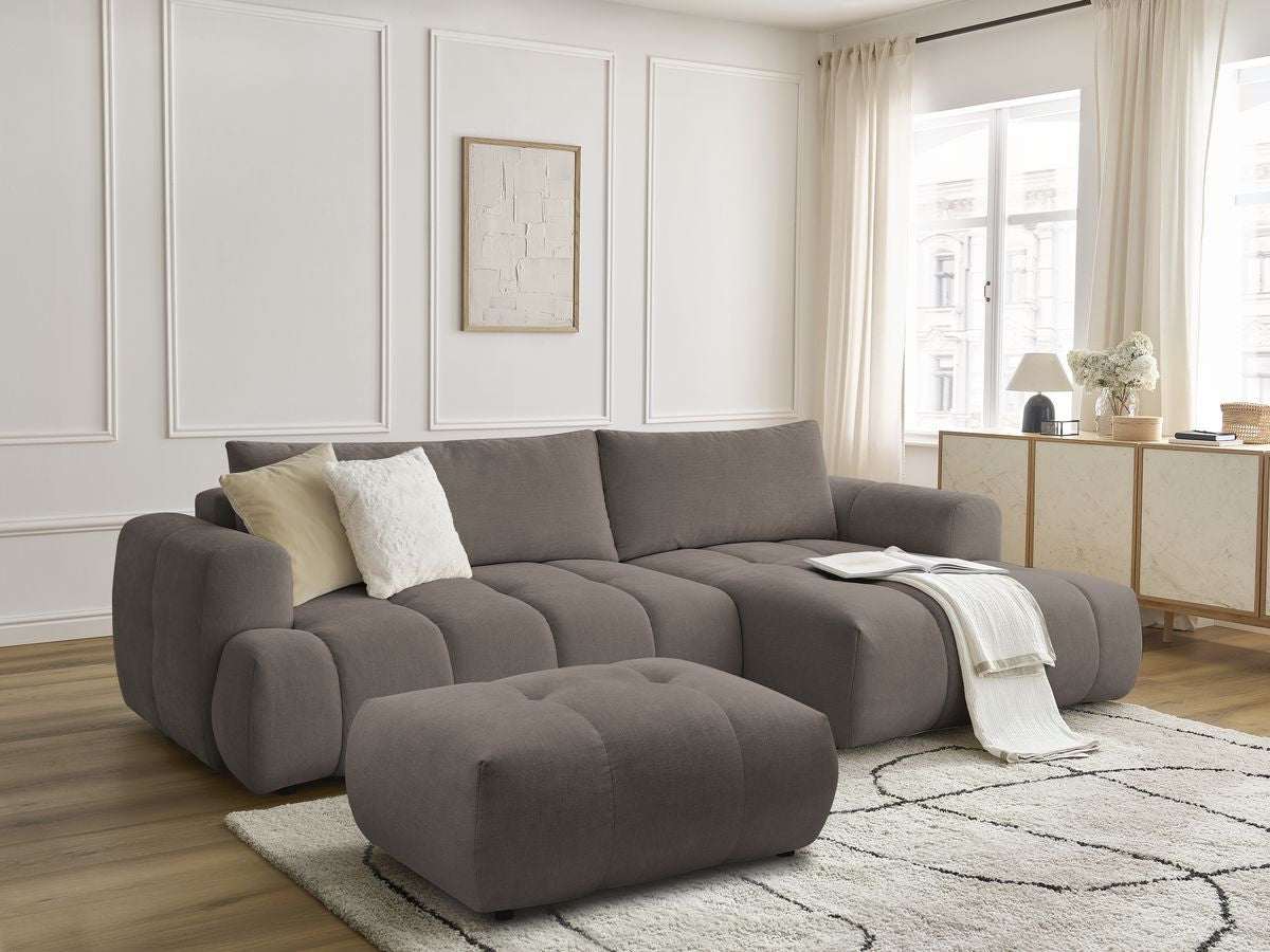 Canapé d'angle convertible FUJI tissu lisse avec pouf - Angle droit
