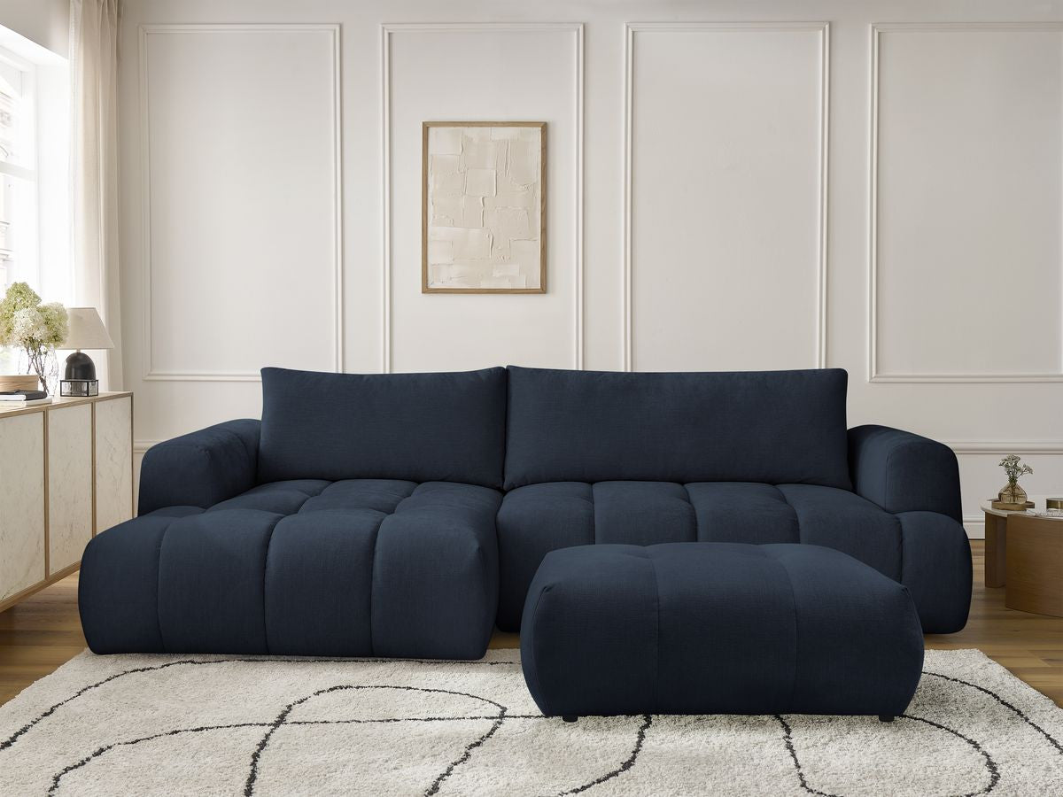 Canapé d'angle convertible FUJI tissu lisse avec pouf - Angle gauche