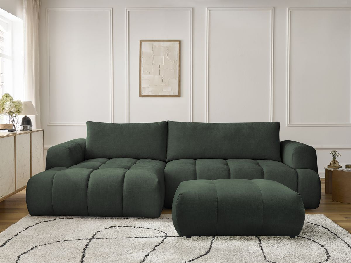 Canapé d'angle convertible FUJI tissu lisse avec pouf - Angle gauche
