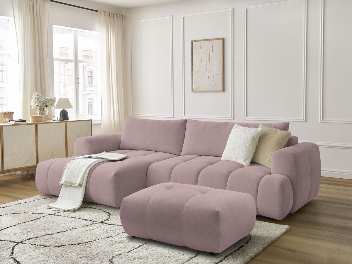 Canapé d'angle convertible FUJI tissu lisse avec pouf - Angle gauche