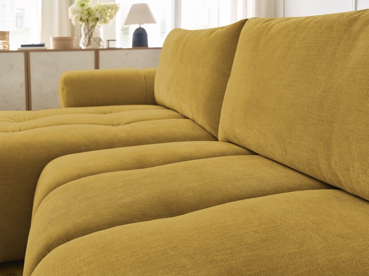 Canapé d'angle convertible FUJI tissu lisse avec pouf - Angle gauche