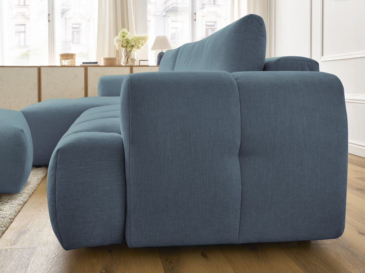 Canapé d'angle convertible FUJI tissu lisse avec pouf - Angle gauche