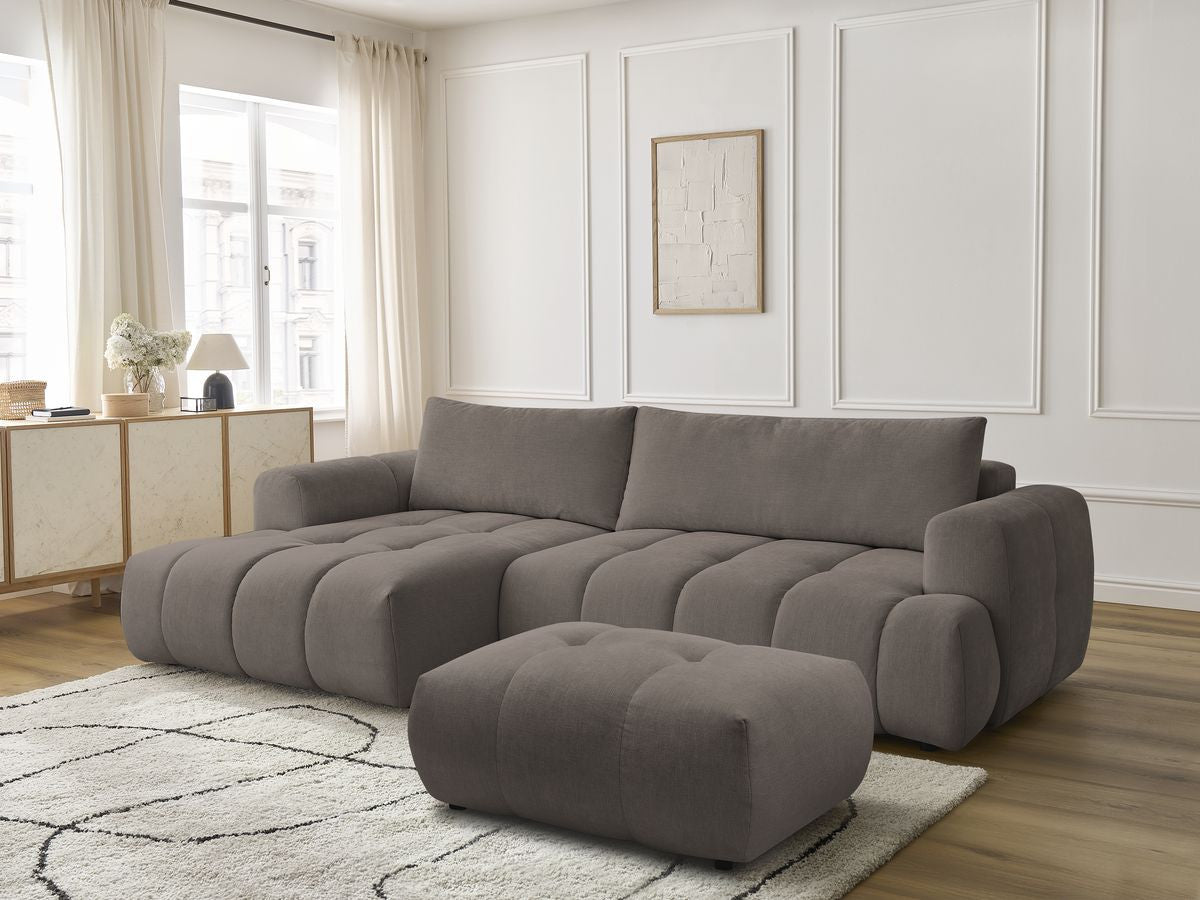 Canapé d'angle convertible FUJI tissu lisse avec pouf - Angle gauche