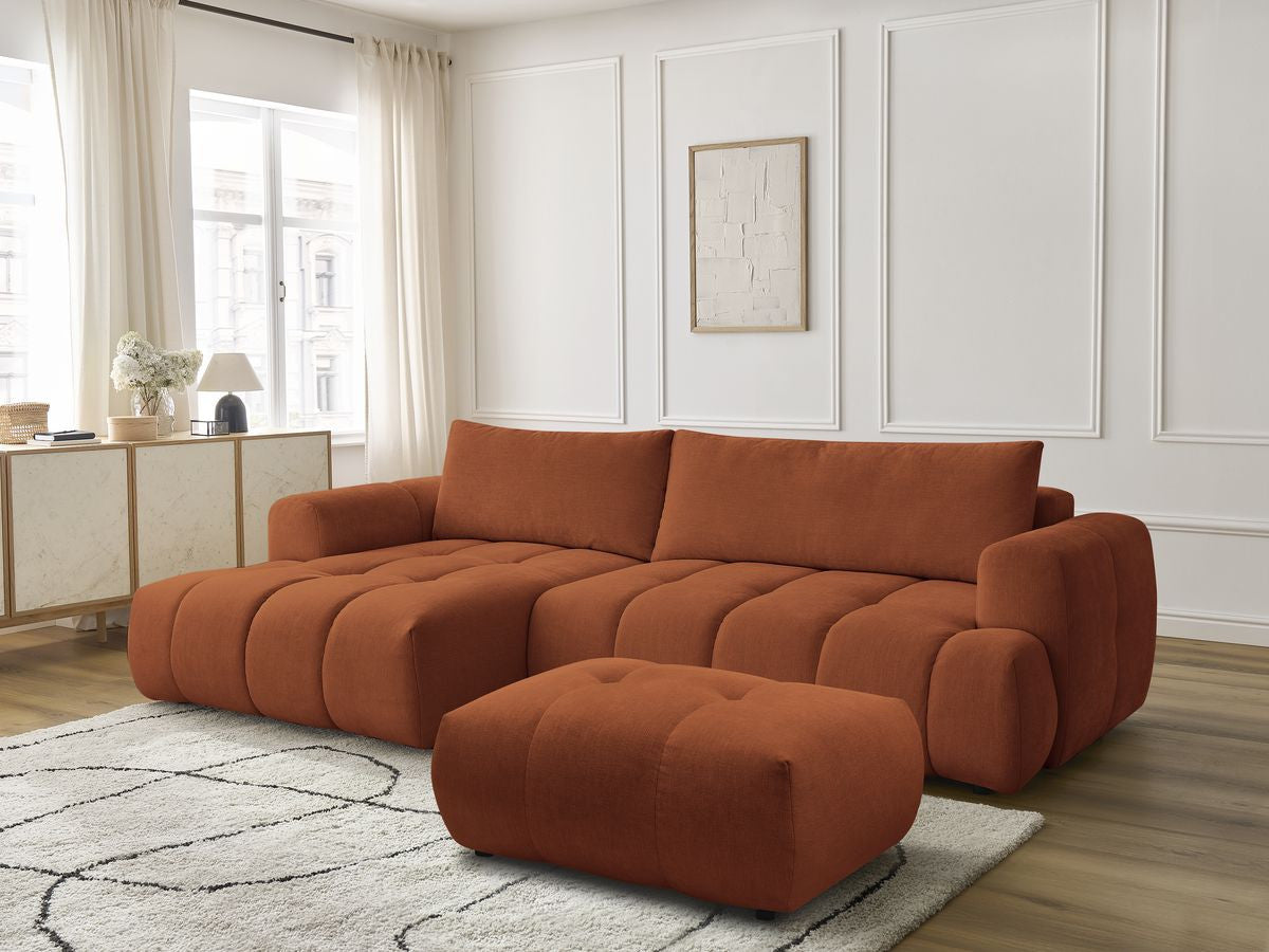 Canapé d'angle convertible FUJI tissu lisse avec pouf - Angle gauche