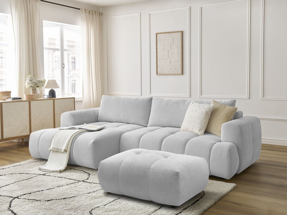 Canapé d'angle convertible FUJI tissu lisse avec pouf - Angle gauche