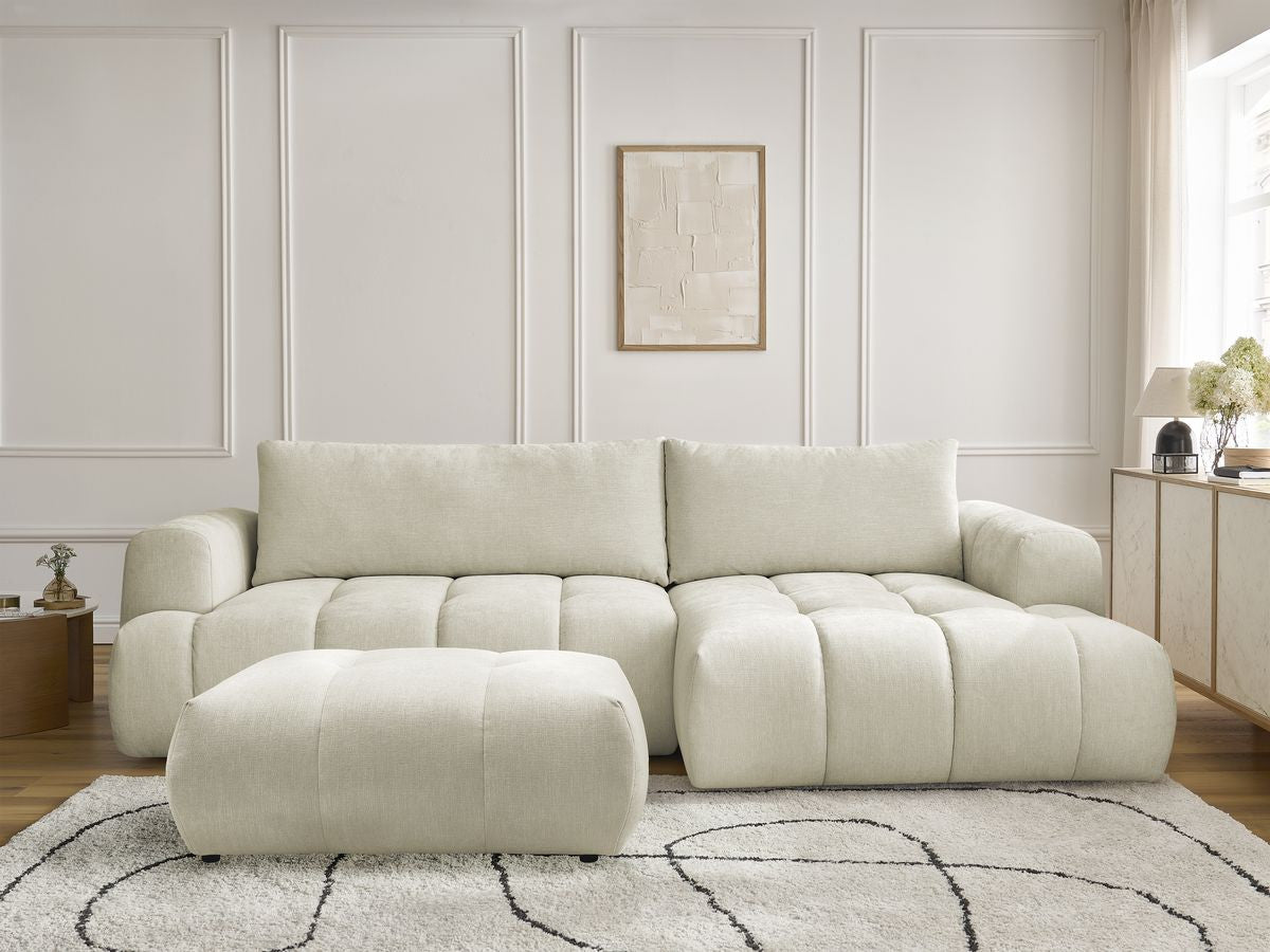 Canapé d'angle convertible FUJI tissu lisse avec pouf - Angle droit