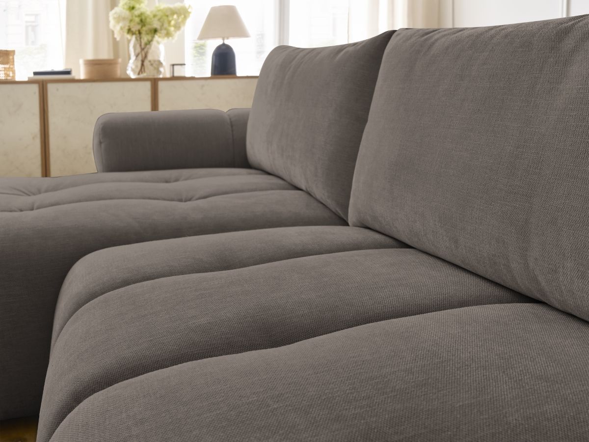 Canapé d'angle convertible FUJI tissu lisse avec pouf - Angle gauche