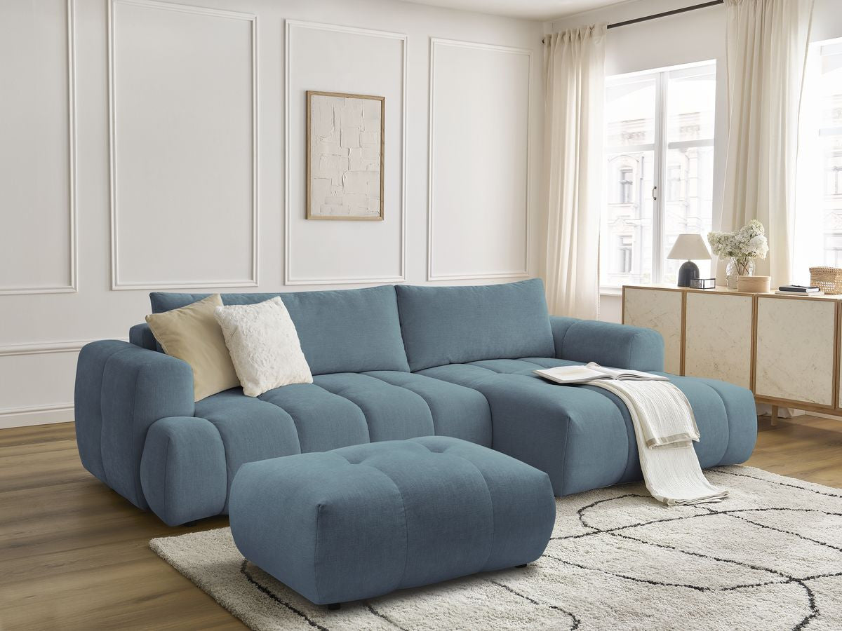 Canapé d'angle convertible FUJI tissu lisse avec pouf - Angle droit