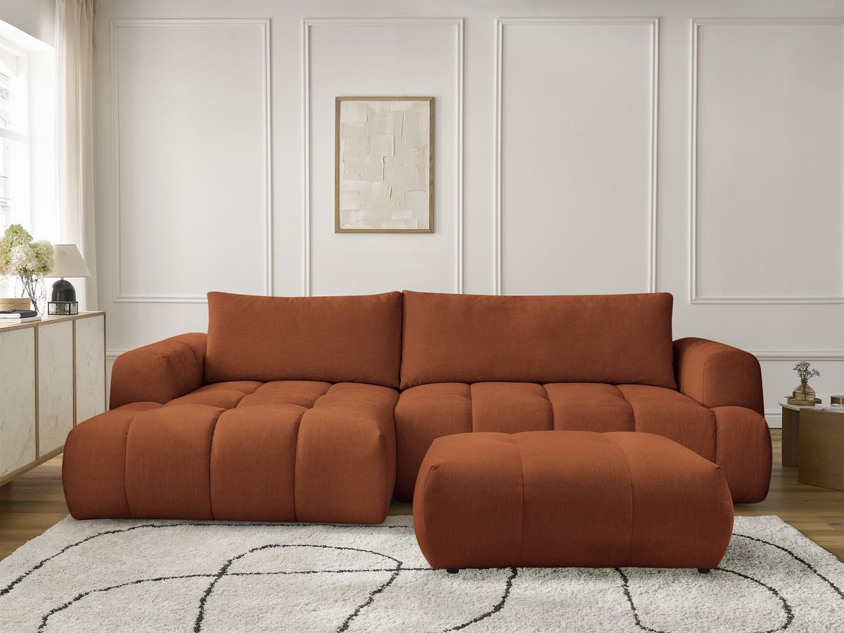 Canapé d'angle convertible FUJI tissu lisse avec pouf - Angle gauche