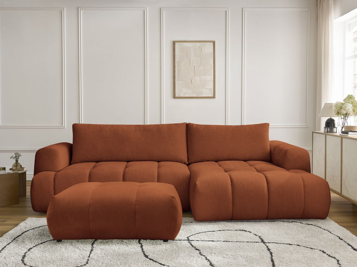 Canapé d'angle convertible FUJI tissu lisse avec pouf - Angle droit