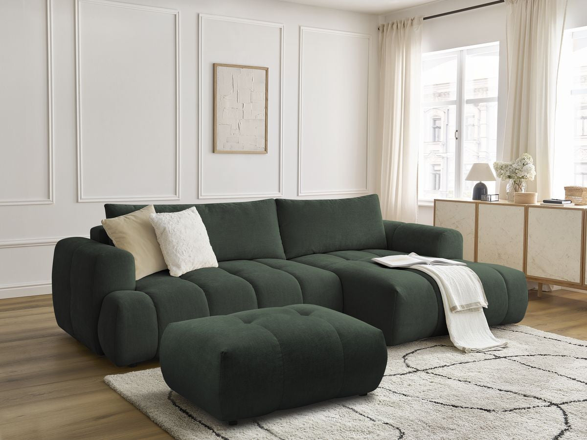 Canapé d'angle convertible FUJI tissu lisse avec pouf - Angle droit